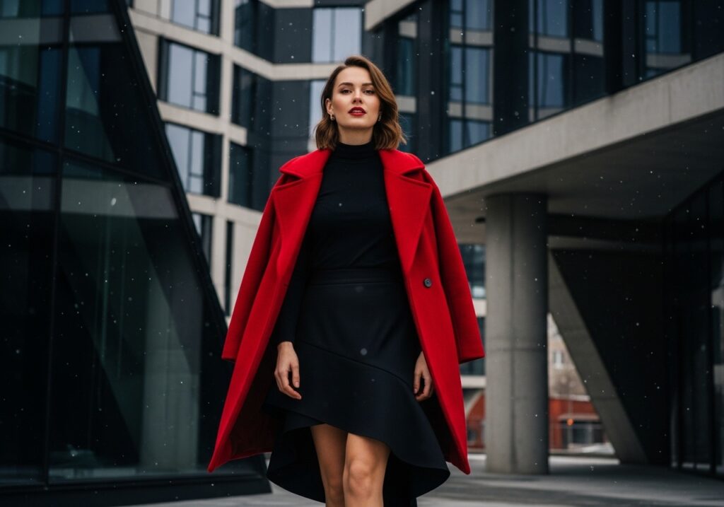 Asymmetrical Skirt with Fitted Top and Statement Coat