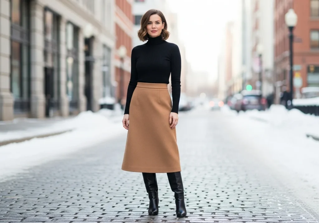 Classic Midi Skirt with Turtleneck and Knee-High Boots
