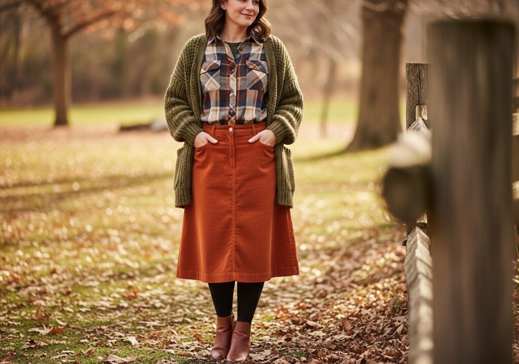 Corduroy A-Line Skirt with Flannel Shirt and Cardigan