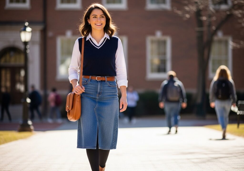Denim Skirt with Sweater Vest and Collared Shirt