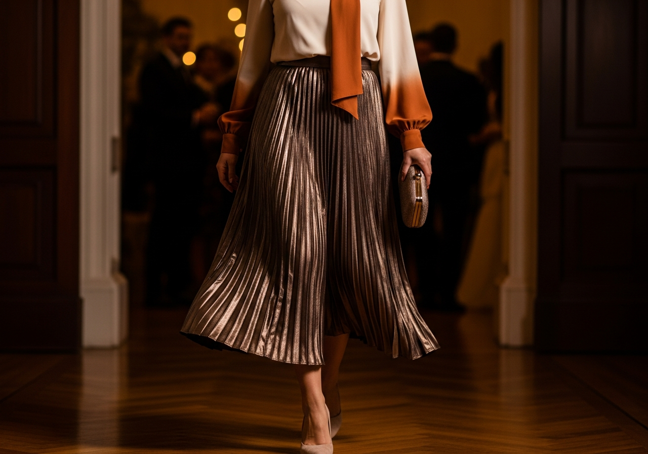 Metallic Pleated Skirt and Blouse