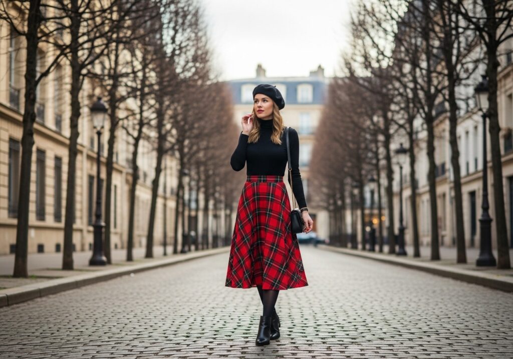  Plaid Skirt with Black Turtleneck and Beret