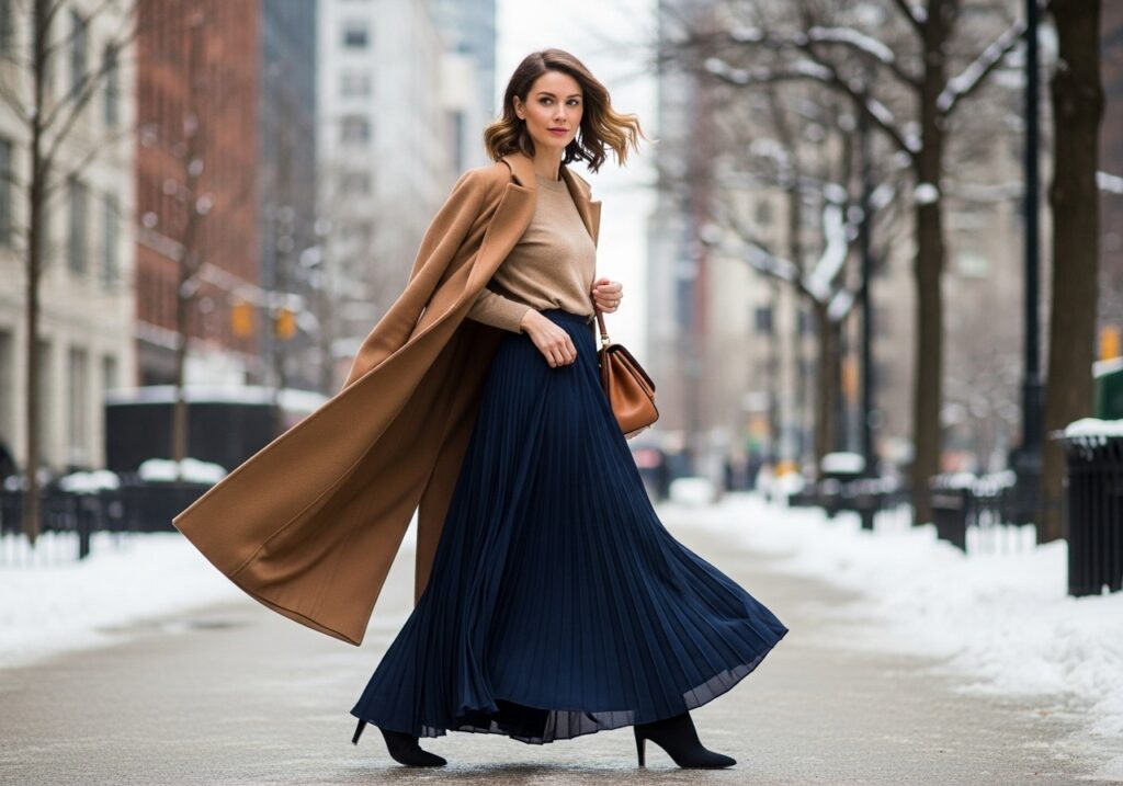 Pleated Maxi Skirt with Fitted Sweater and Long Coat