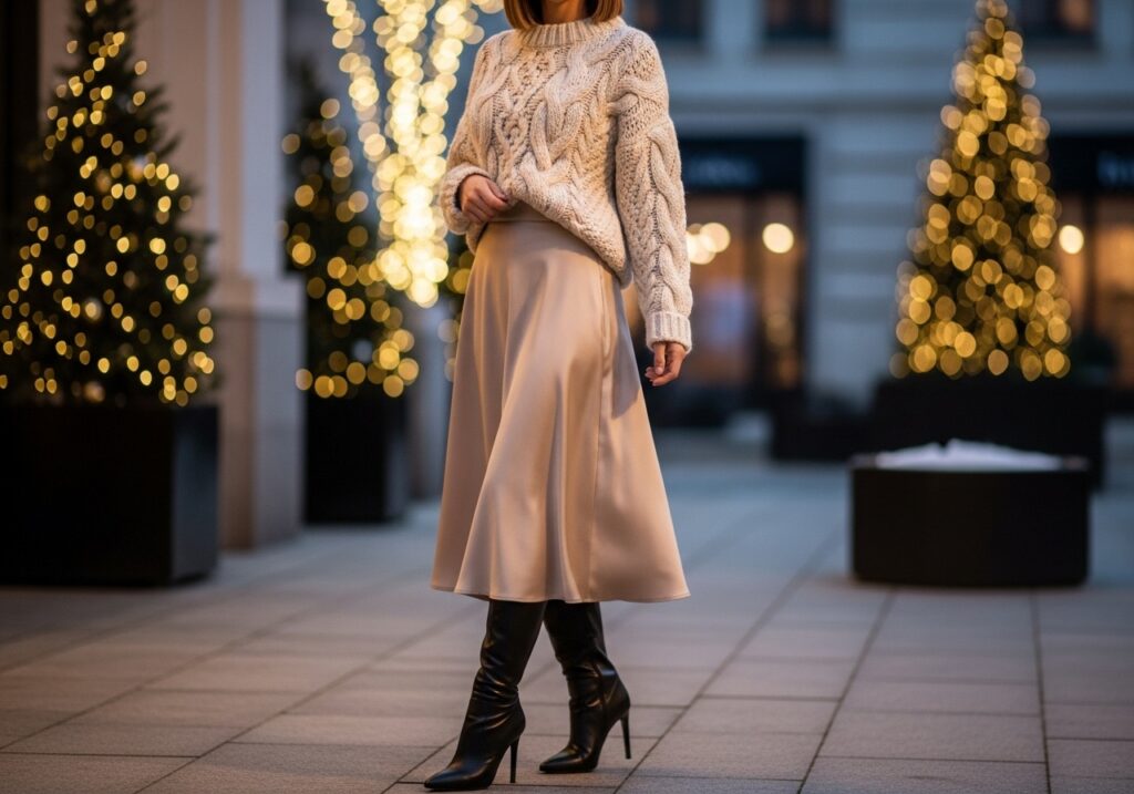  Satin Midi Skirt with Chunky Knit and Heeled Boots