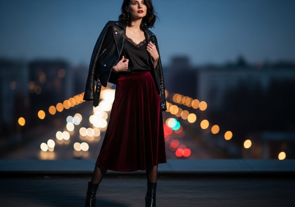 Velvet Skirt with Silk Camisole and Leather Jacket