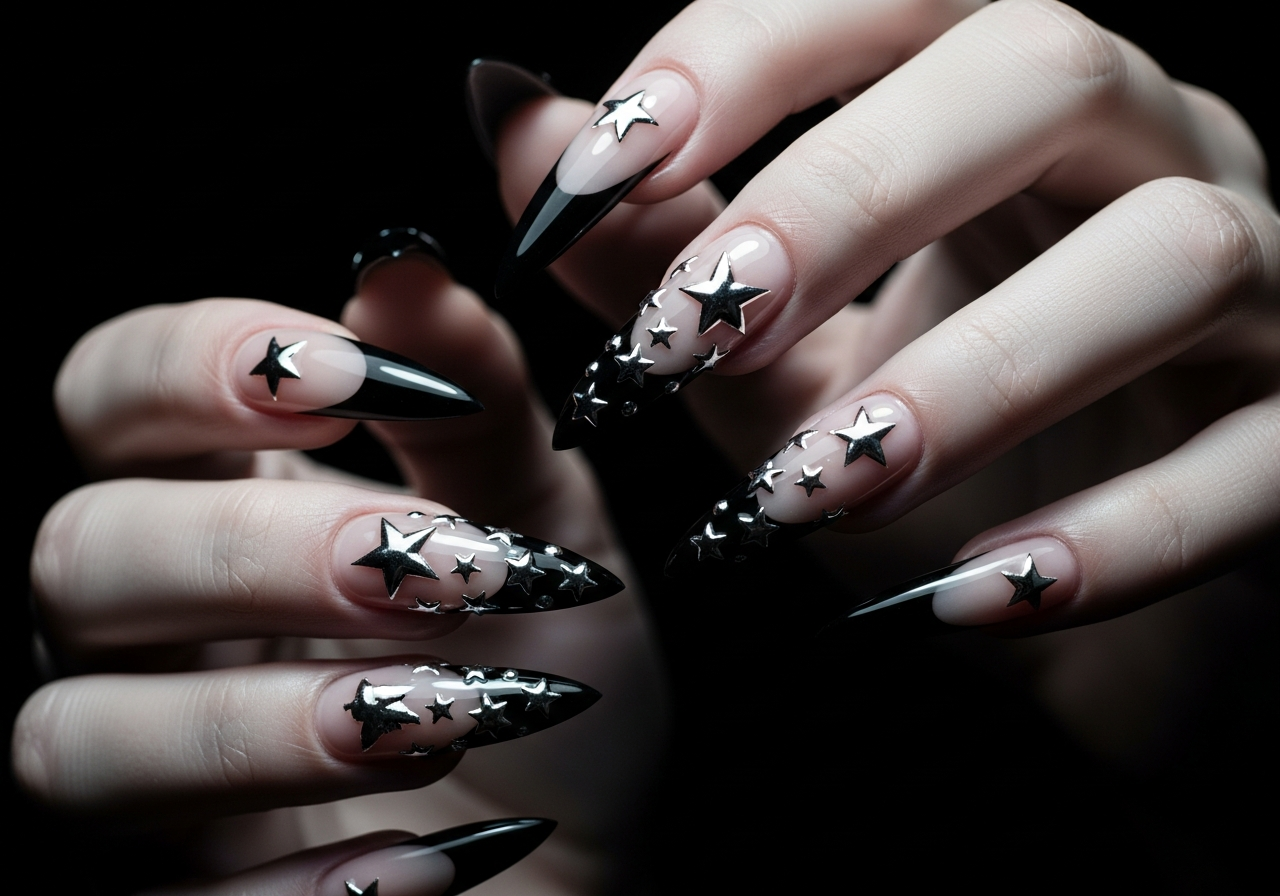 Black French Tips with Silver Chrome Stars
