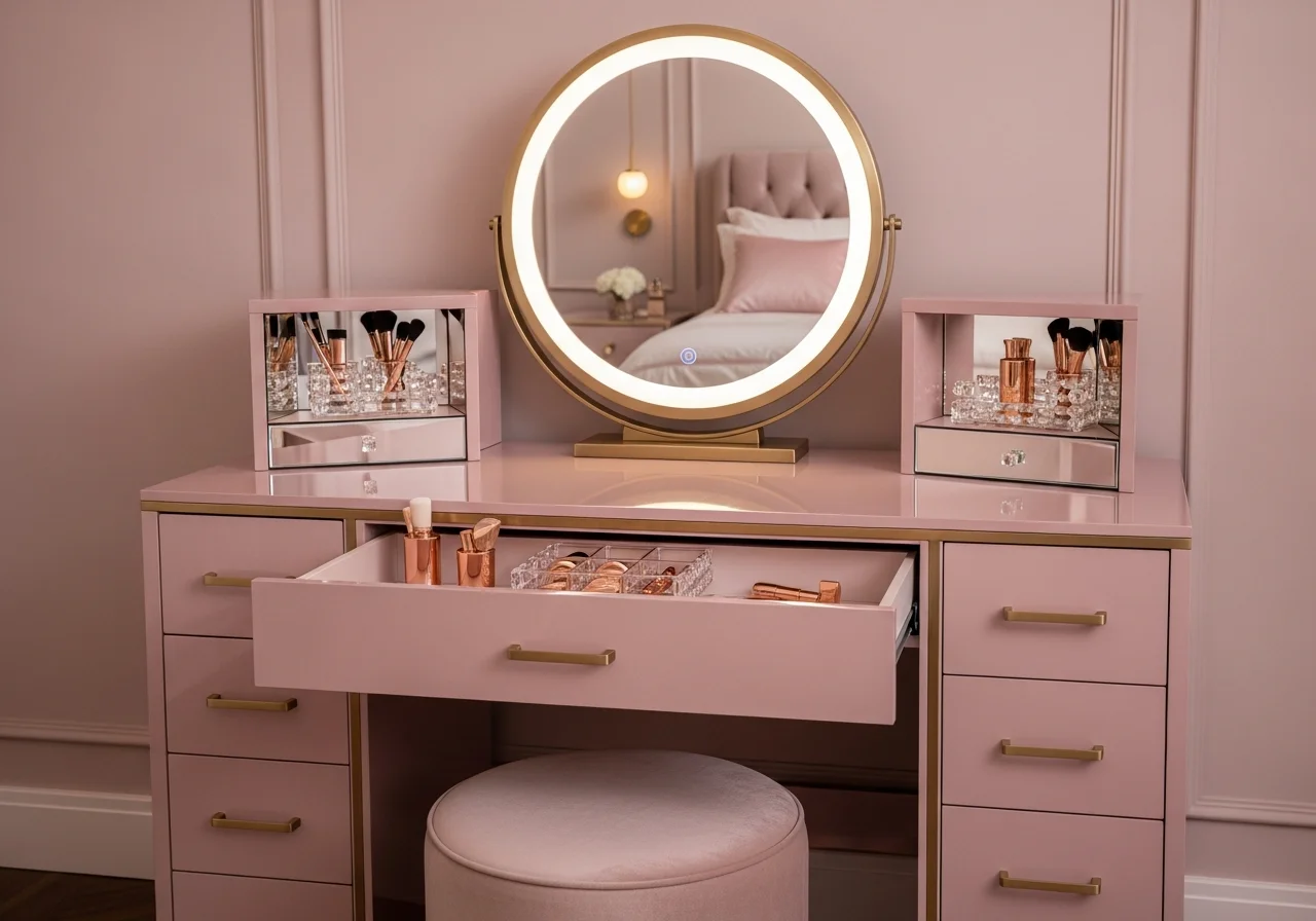 Blush Pink Luxury Vanity with Brass Details