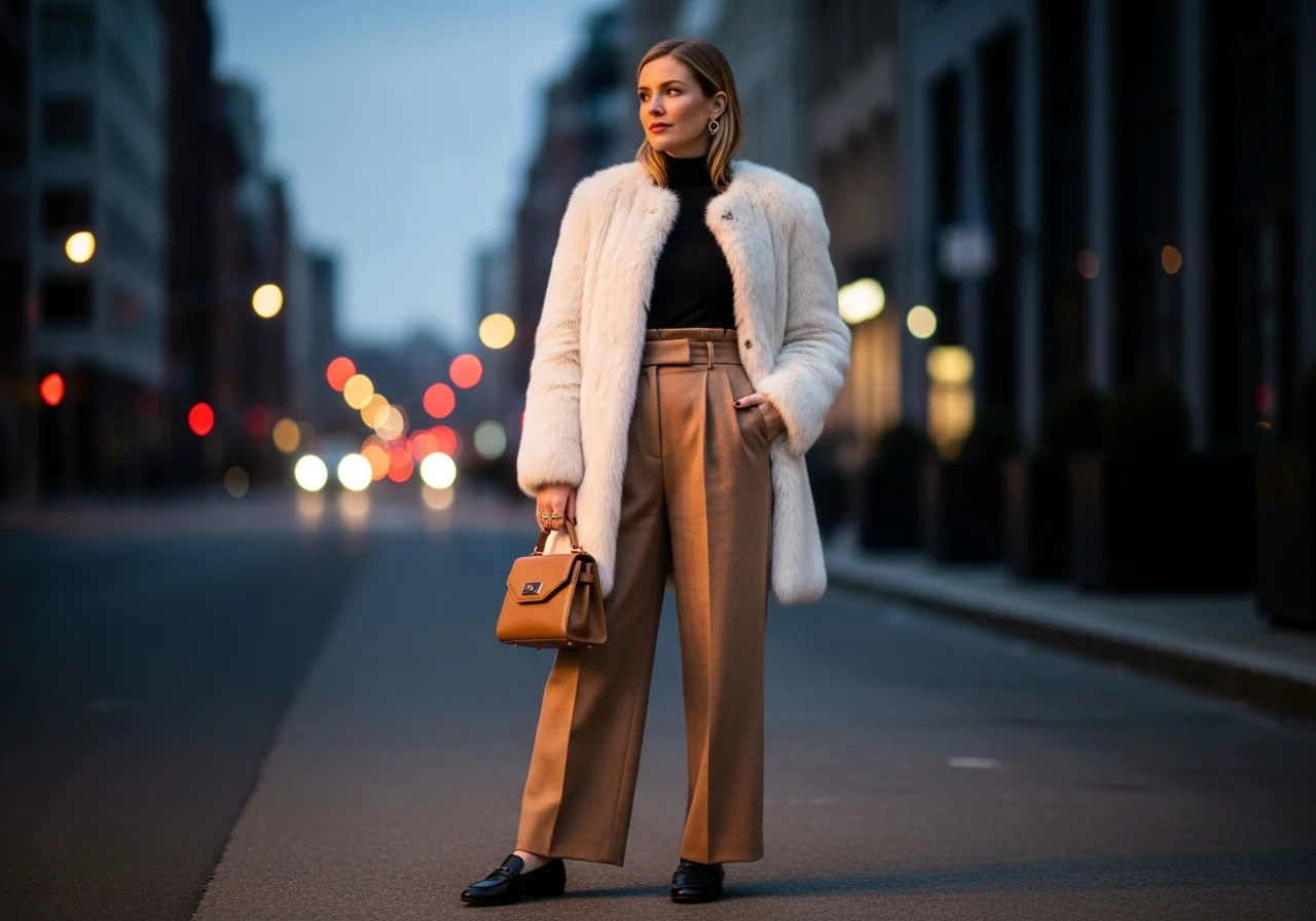 Faux Fur and Wide-Leg Trousers