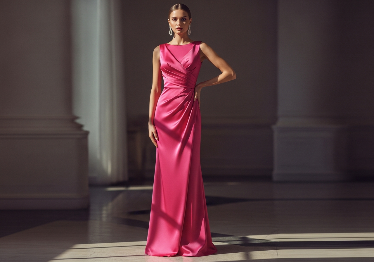 Elegant model wearing blush pink slip dress with delicate straps, flowing silhouette, natural afternoon light, romantic soft focus background, paired with cropped cardigan, daytime date setting, dreamy fashion photography