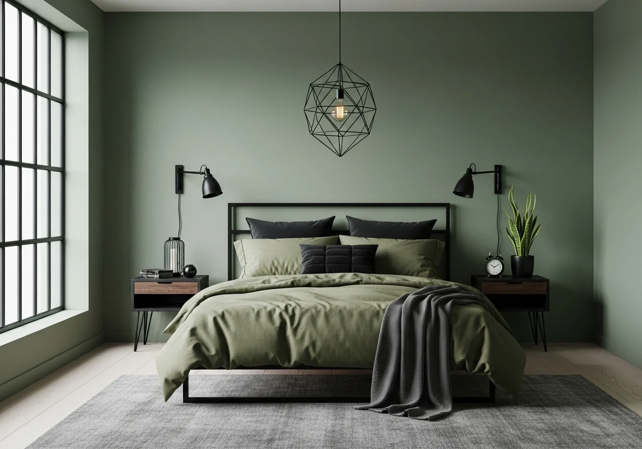 Green Bedroom with Black Accents