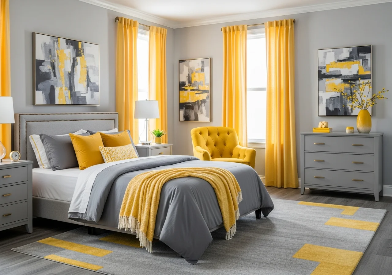 Incorporating Yellow Accents for Cheerful Grey Bedrooms