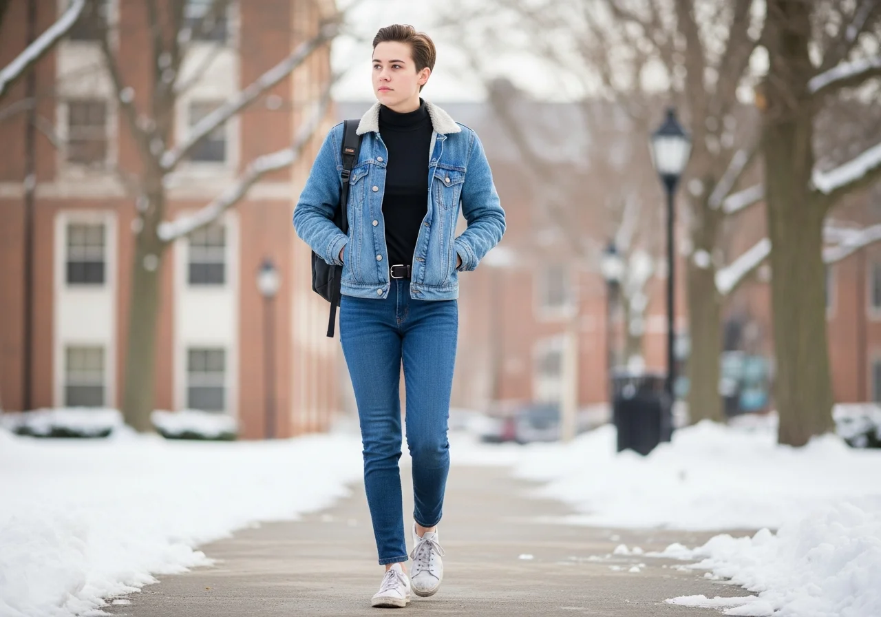 Layered Turtleneck and Denim Jacket