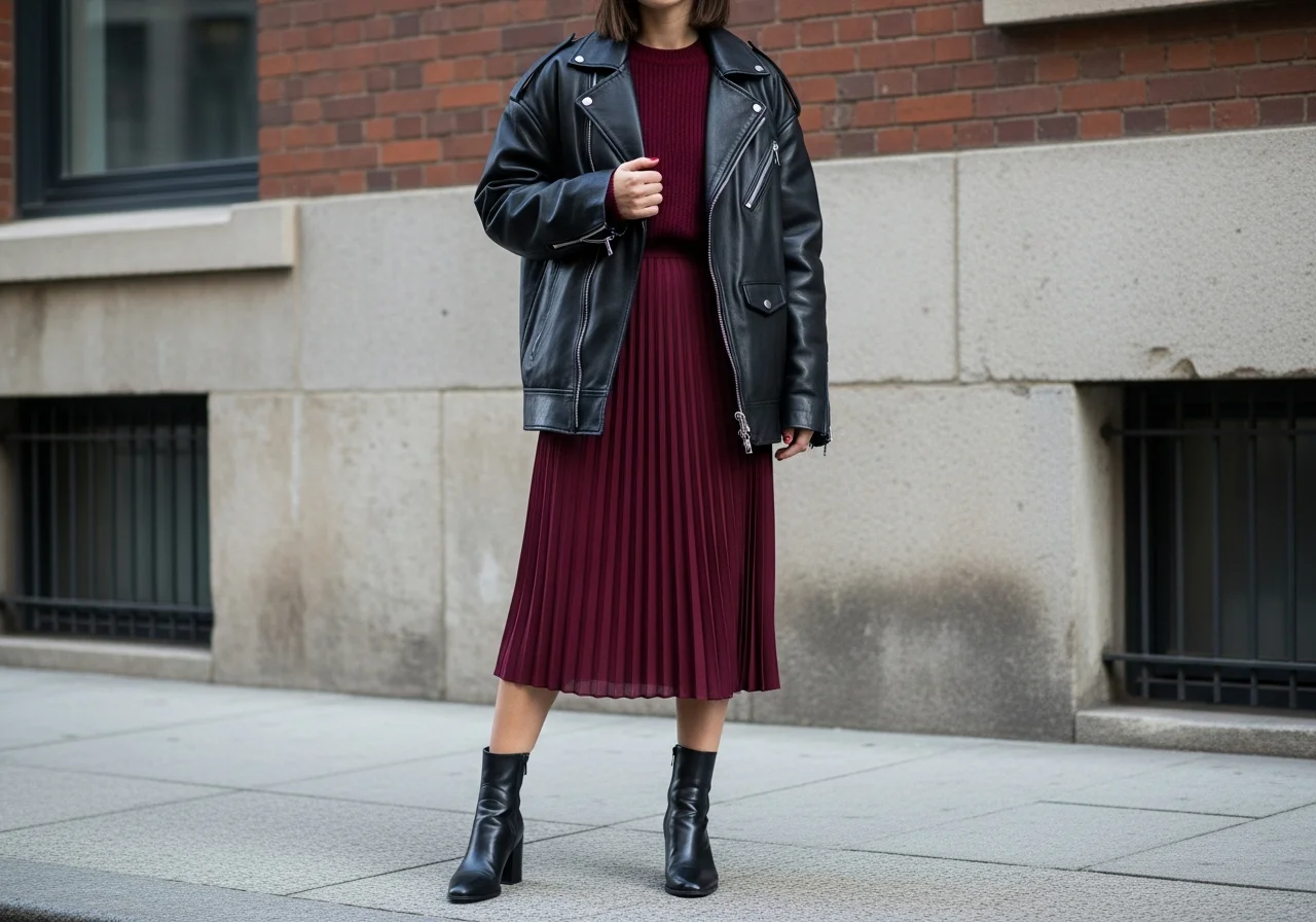Leather Jacket and Midi Skirt