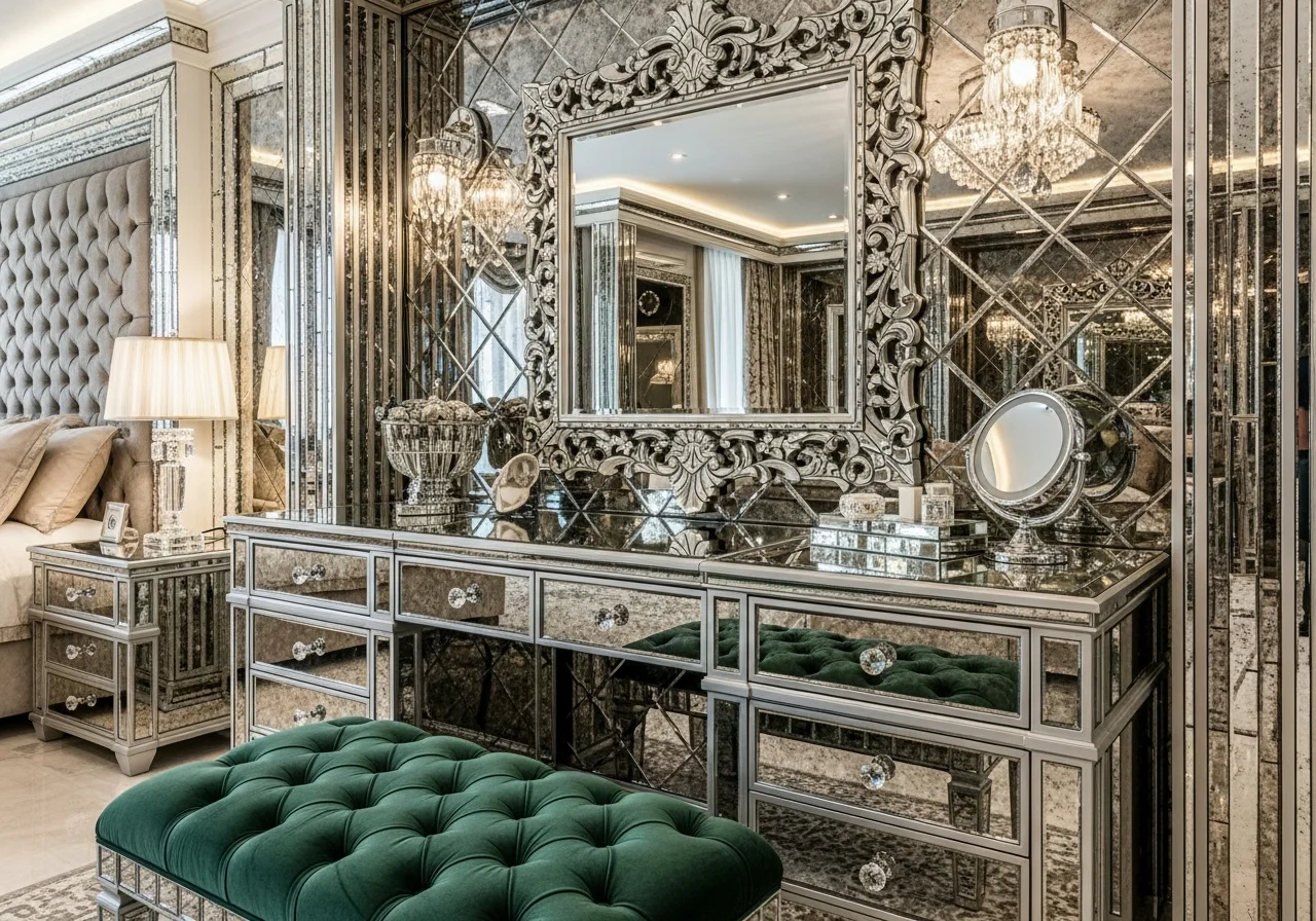 Mirrored Panel Vanity with Tufted Seating