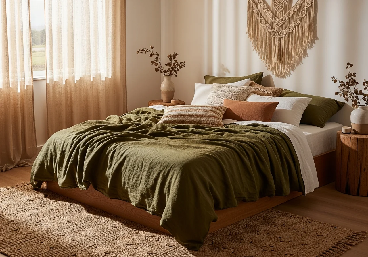 Olive Green Bedroom with Natural Fabrics