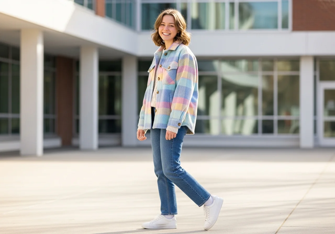 Pastel Plaid Jacket with Denim