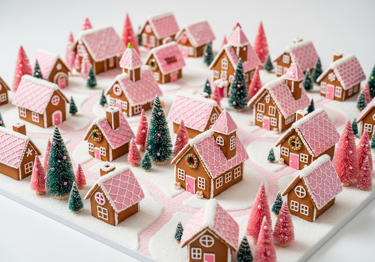 Pink Gingerbread Village Scene