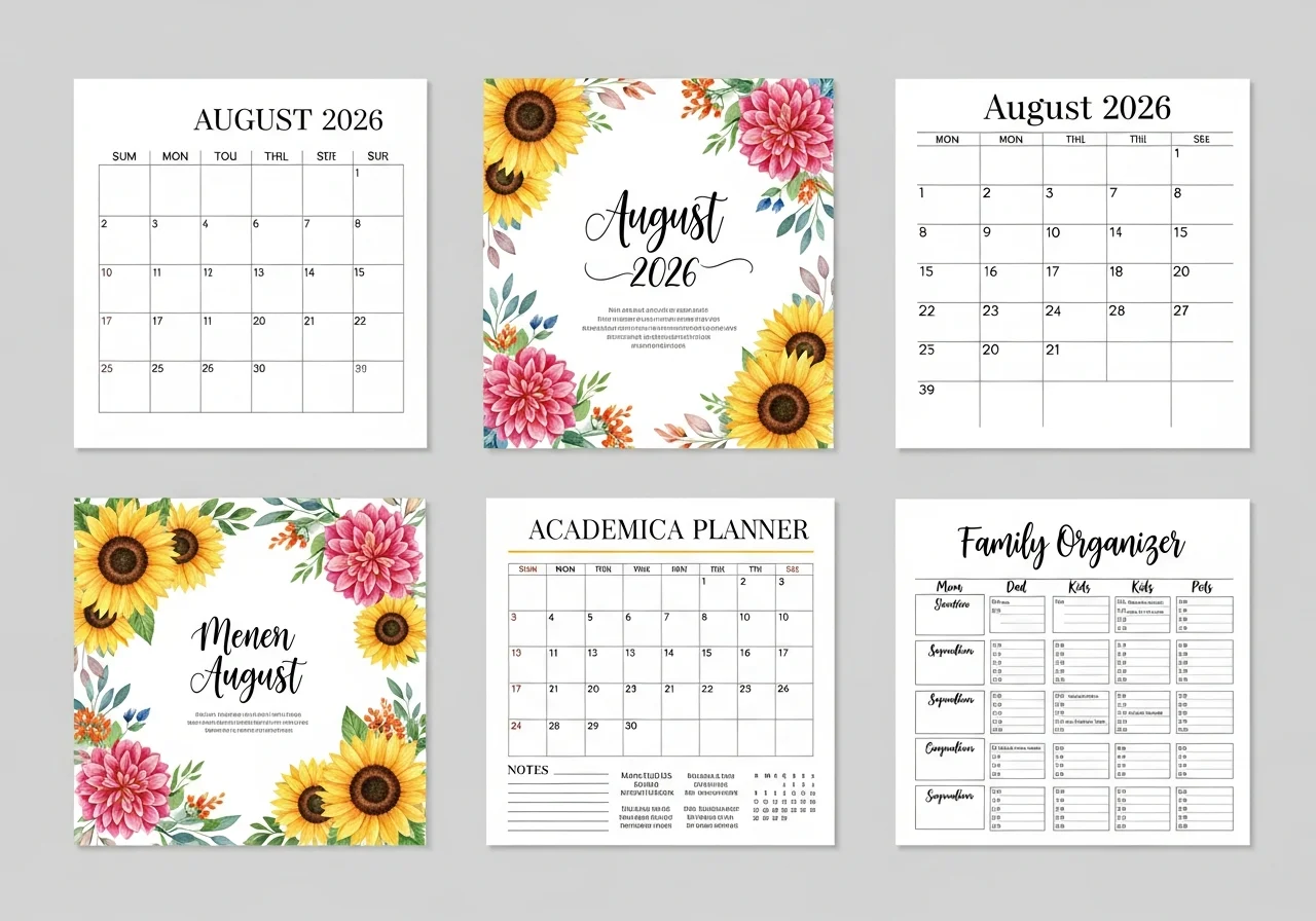 Types of Printable August 2026 Calendar Templates