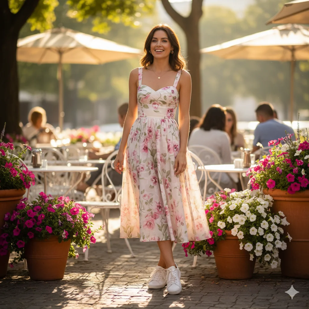 Midi Dress Paired with White Sneakers