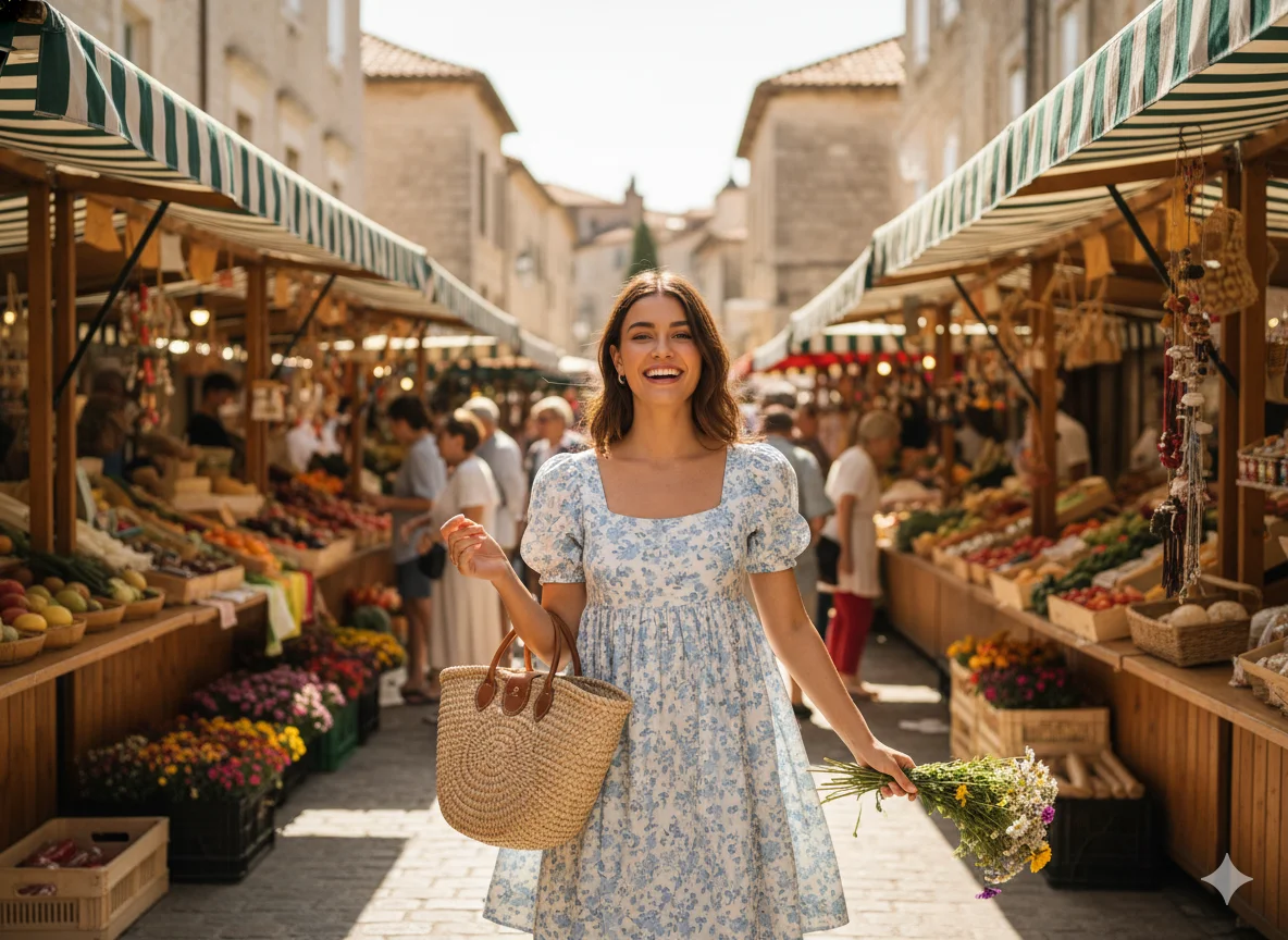 Baby Doll Dress with Straw Bag