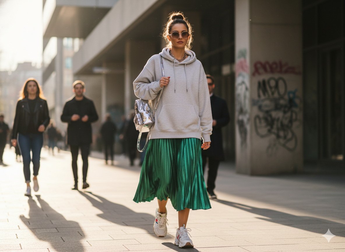 Casual Hoodie with Pleated Skirt