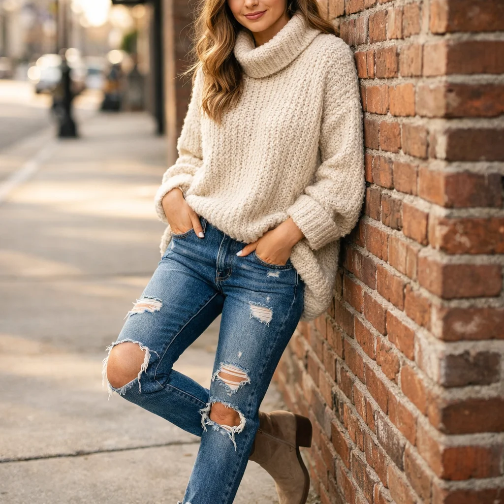 Chunky Knit Sweater With Distressed Jeans