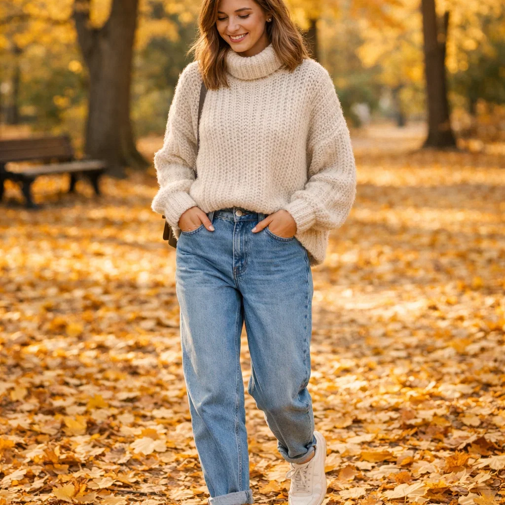 Chunky Sweater with Mom Jeans