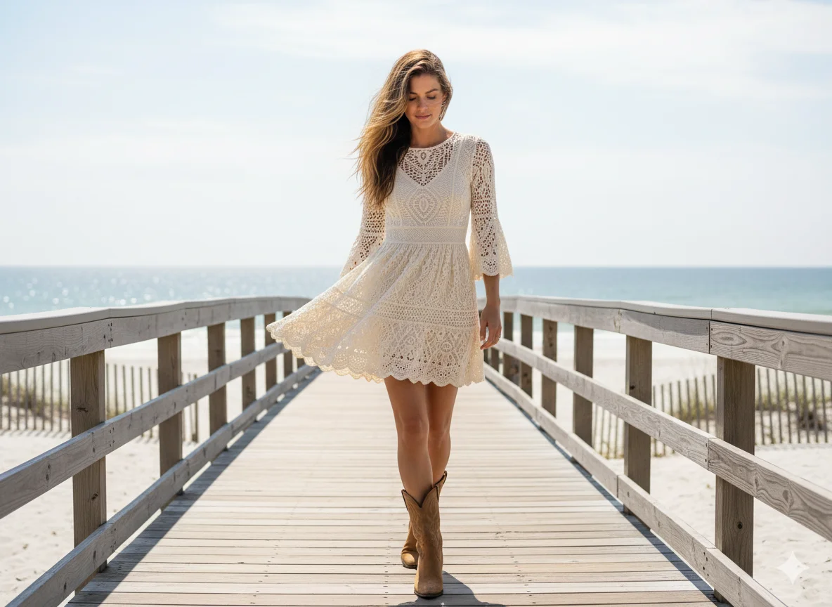 Crochet Mini Dress and Suede Ankle Boots