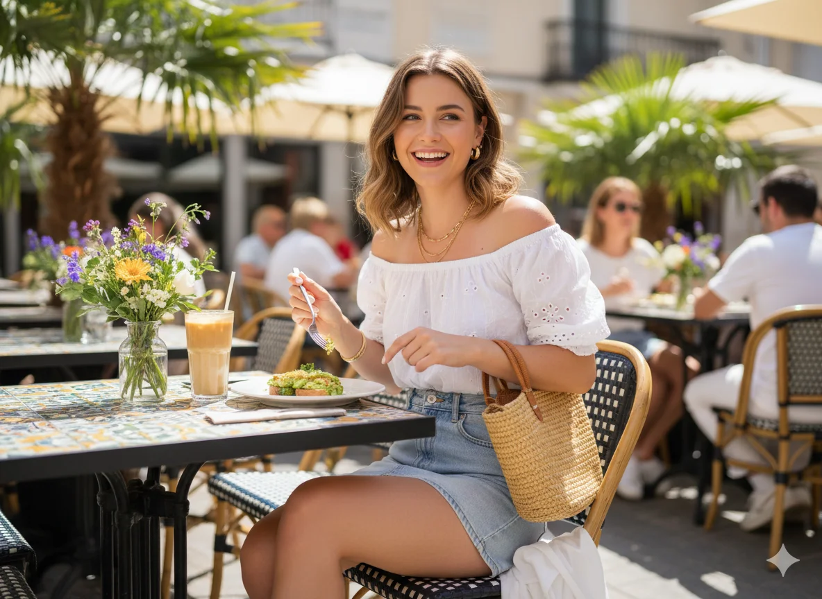 Denim Skirt with Off Shoulder Top