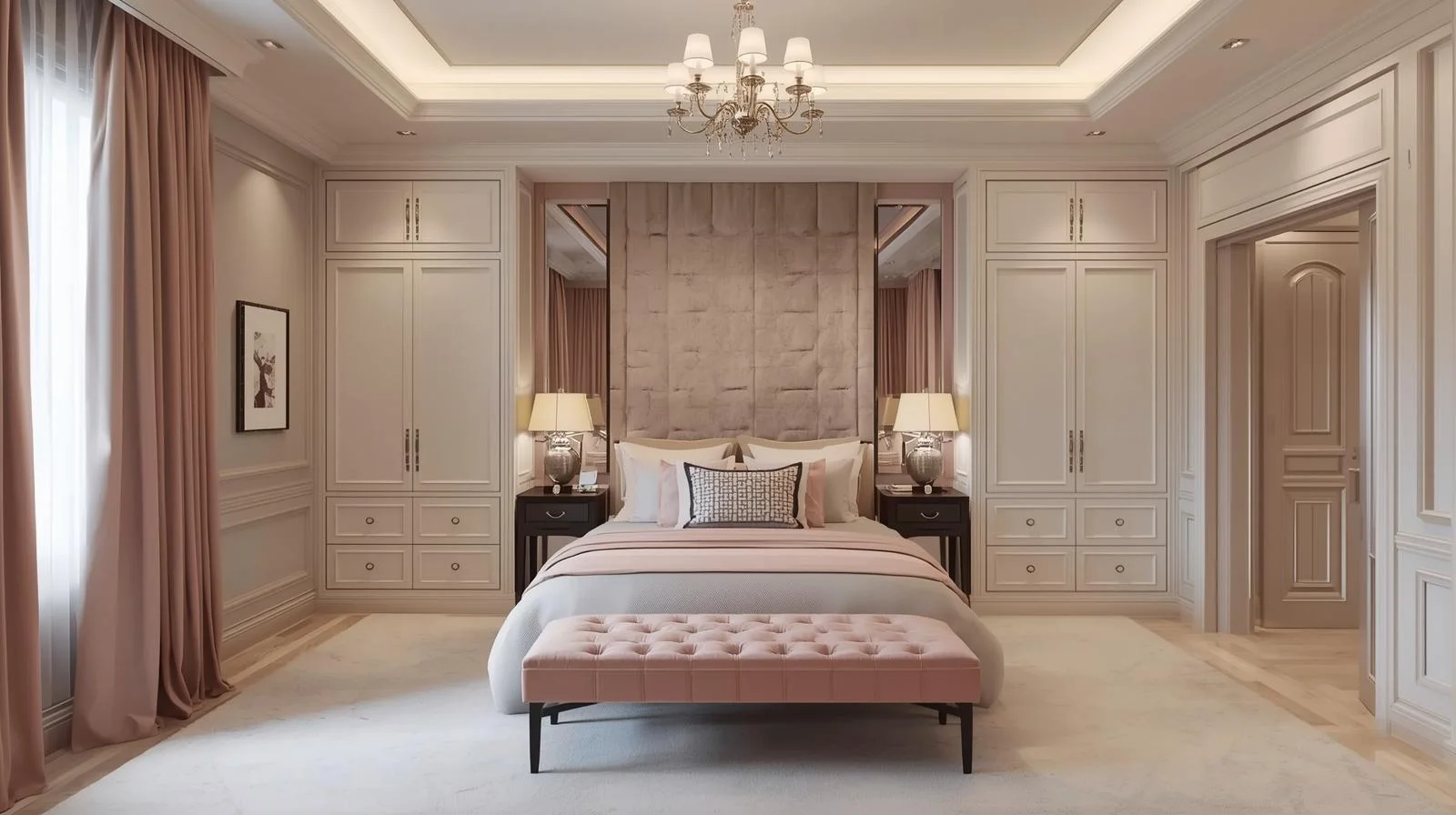 Elegant White and Pink Master Bedroom
