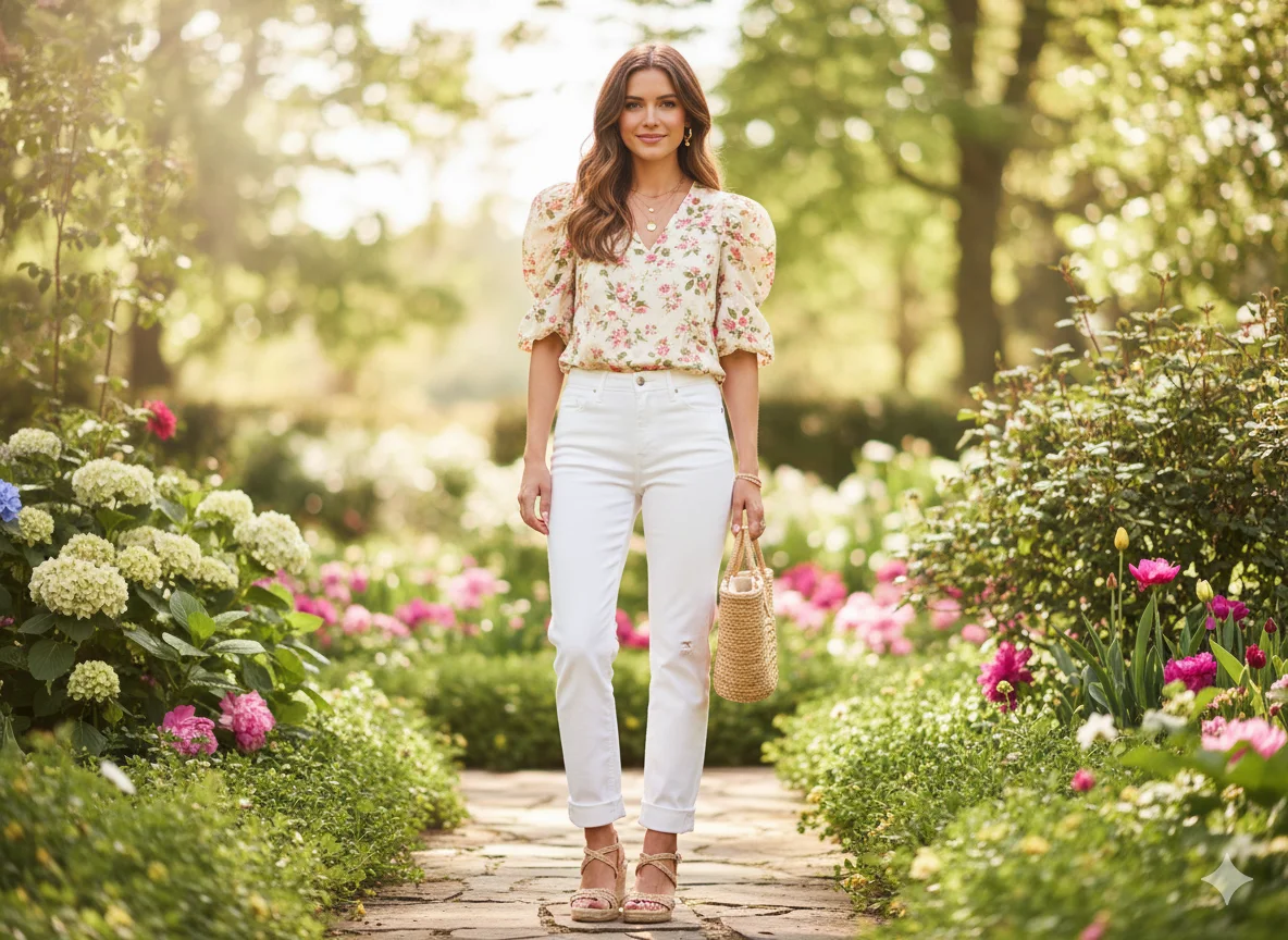 Floral Blouse with White Jeans