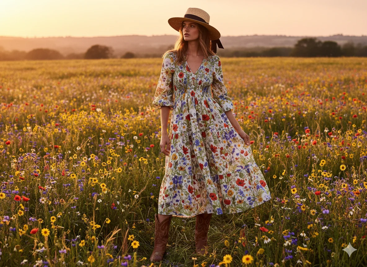 Floral Prairie Dress with Ankle Boots