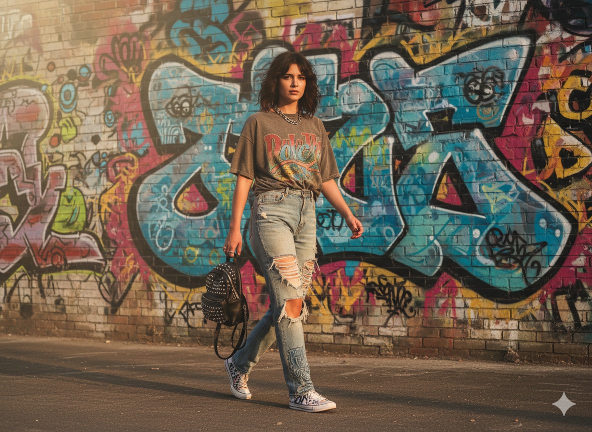 Graphic Tee with Distressed Jeans