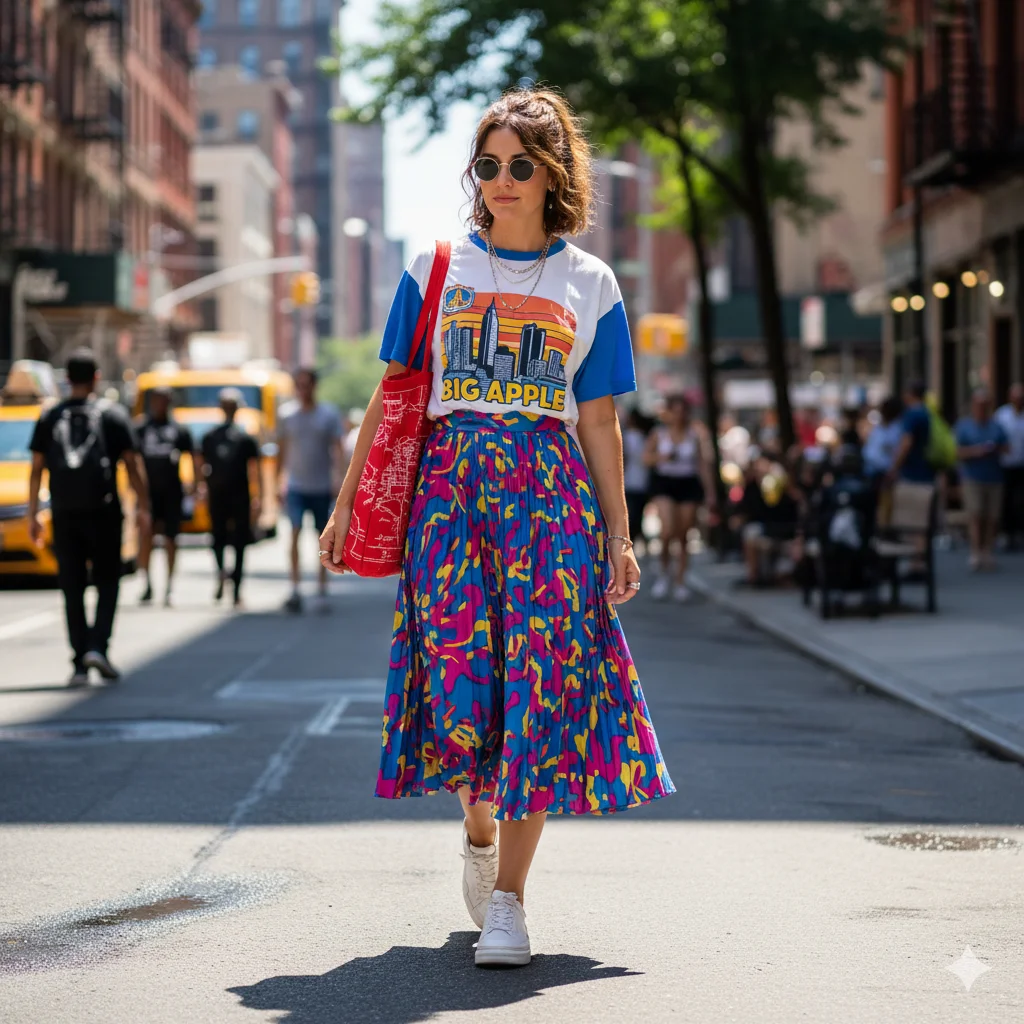 Graphic Tee with Pleated Skirt