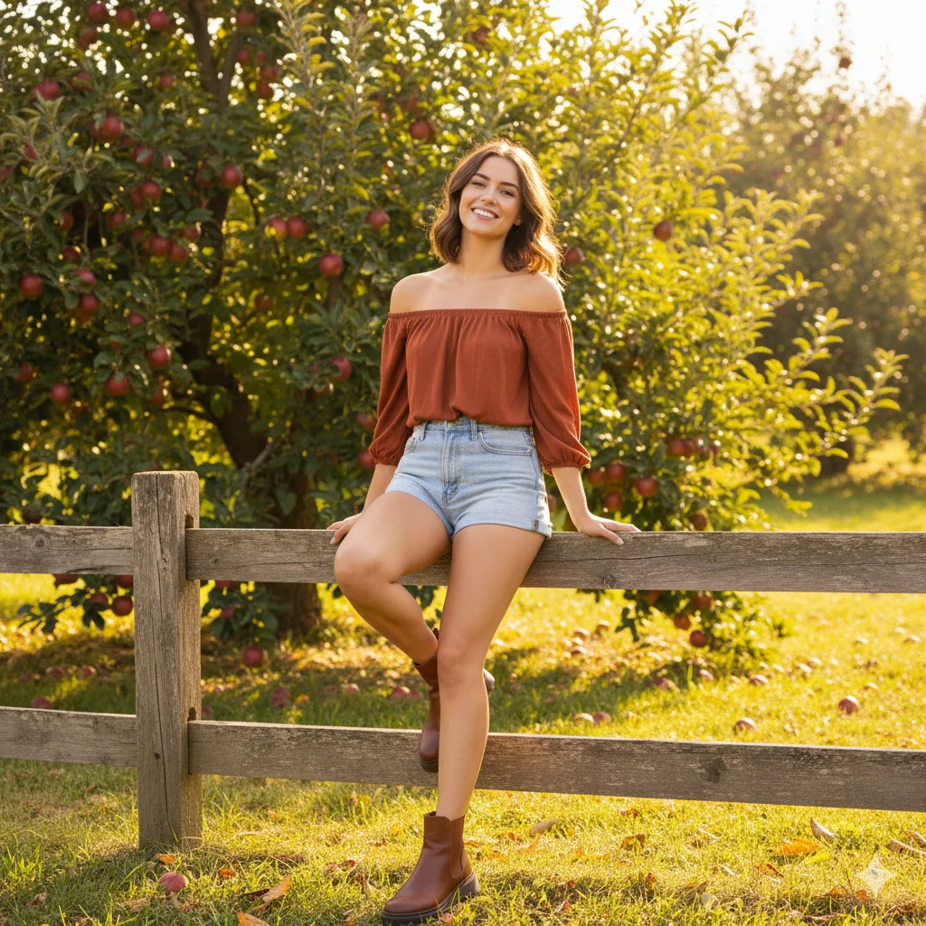 A woman wearing a loose fitting olive linen shirt dress belted at the waist with a simple leather belt, low heeled ankle boots, carrying a large woven basket filled with red apples, walking through a sunlit apple orchard on a warm fall afternoon, natural and relaxed lifestyle photography, breezy fabric movement, earthy and elegant warm weather orchard styling
