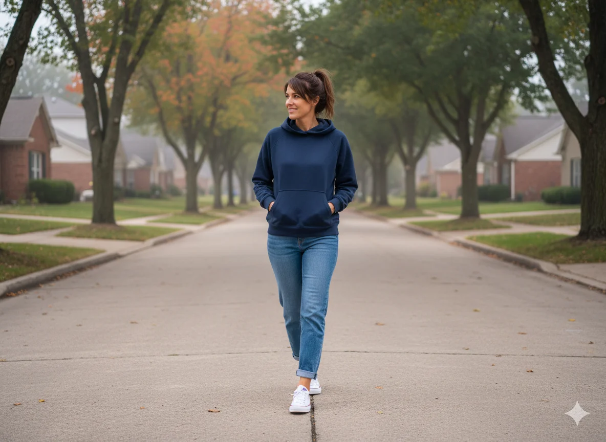 Jeans, Hoodie, and Sneakers