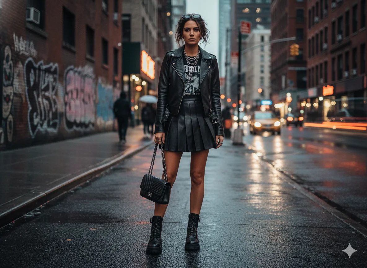Leather Jacket and Pleated Skirt