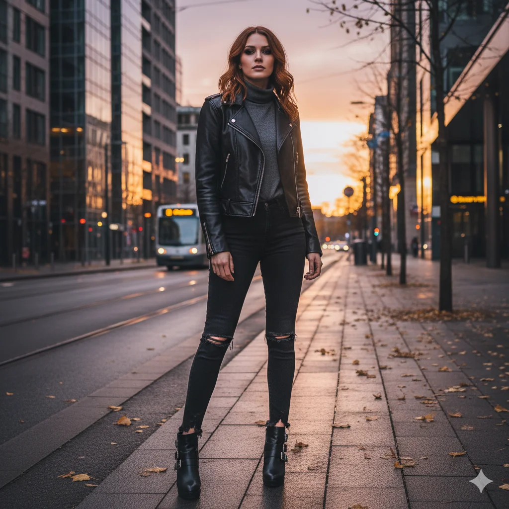 Leather Jacket with Black Denim