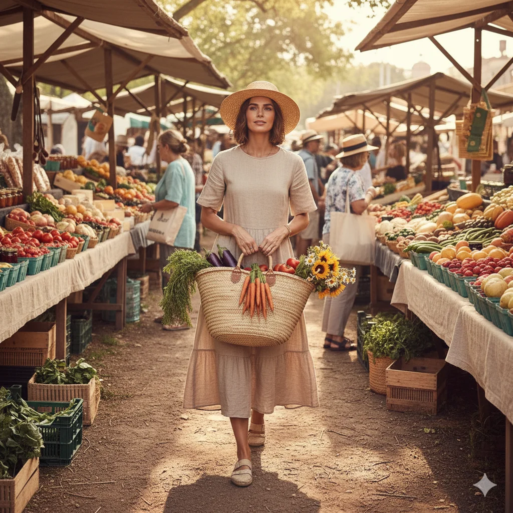Linen Dress with Straw Sandals