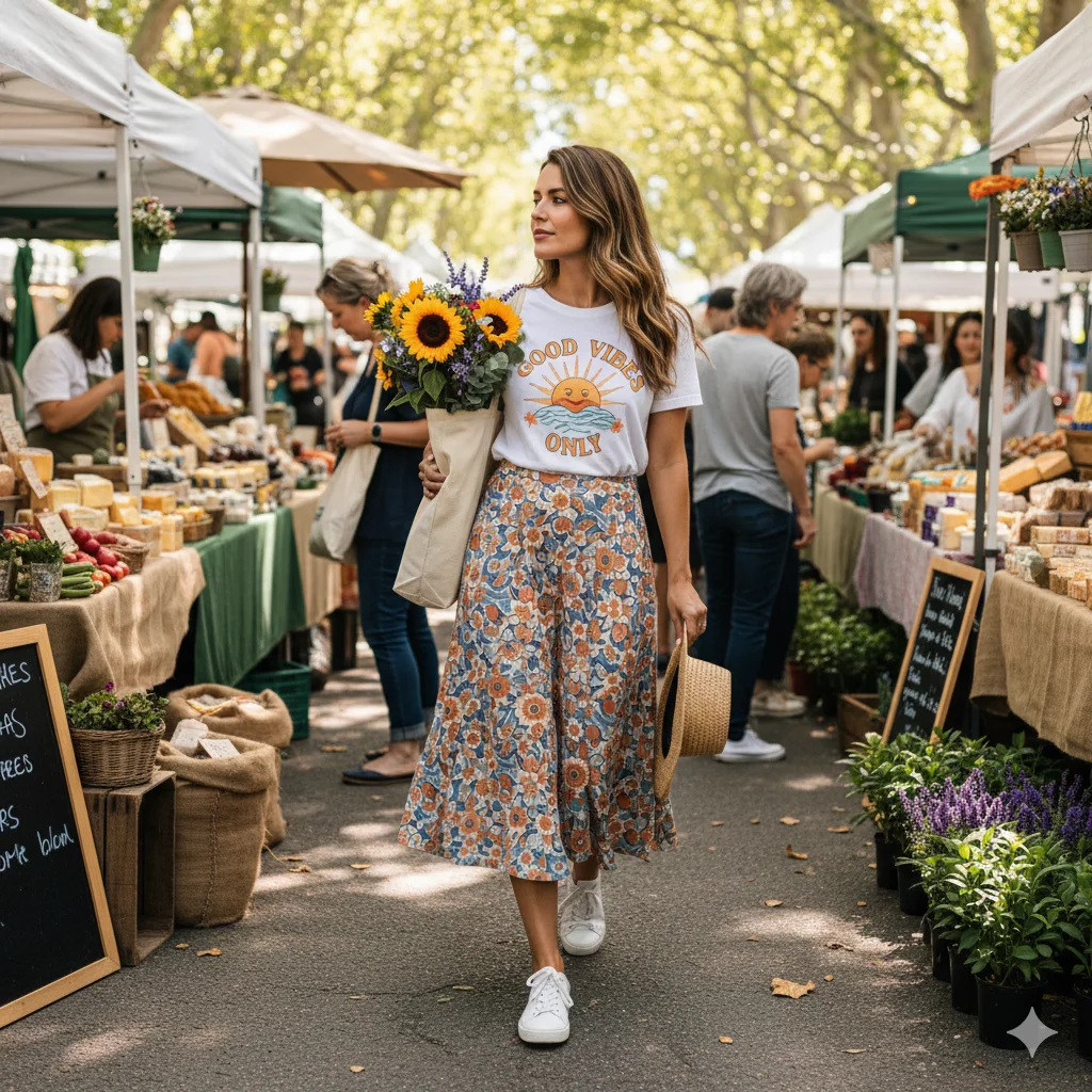 Midi Skirt with a Graphic Tee