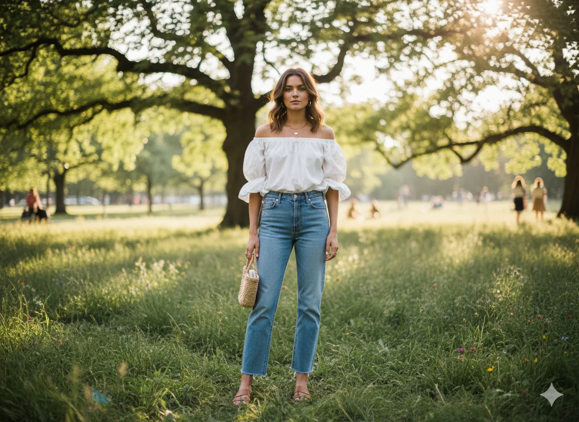 Off Shoulder Top and Light Jeans