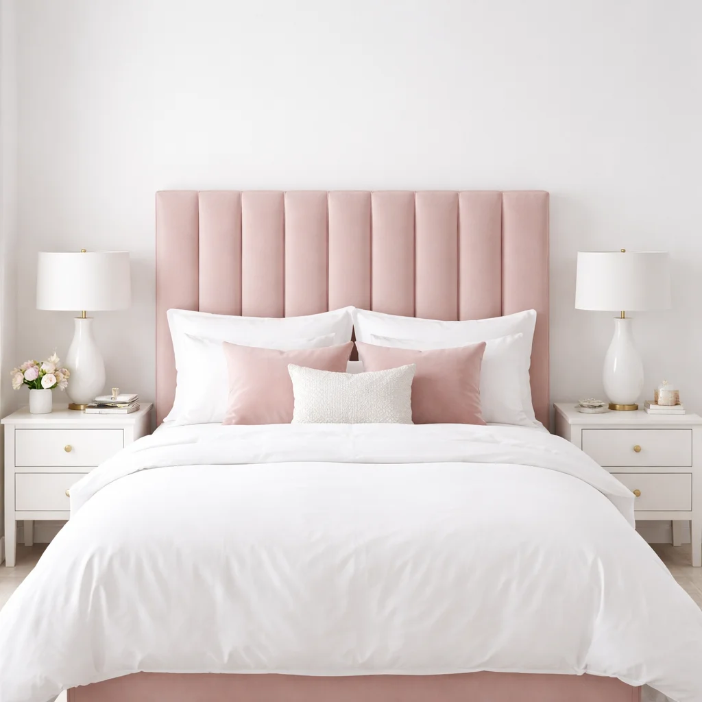 Pink Upholstered Headboard Against White Walls