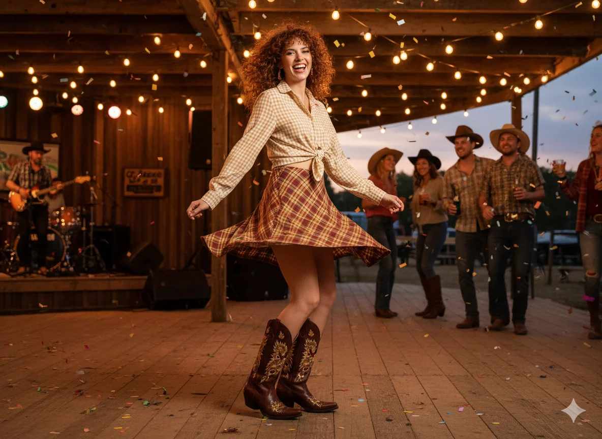 . Plaid Micro Mini Skirt and Cowboy Boots