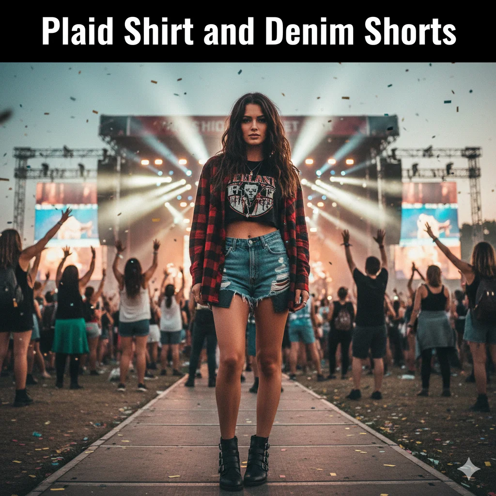 Plaid Shirt and Denim Shorts