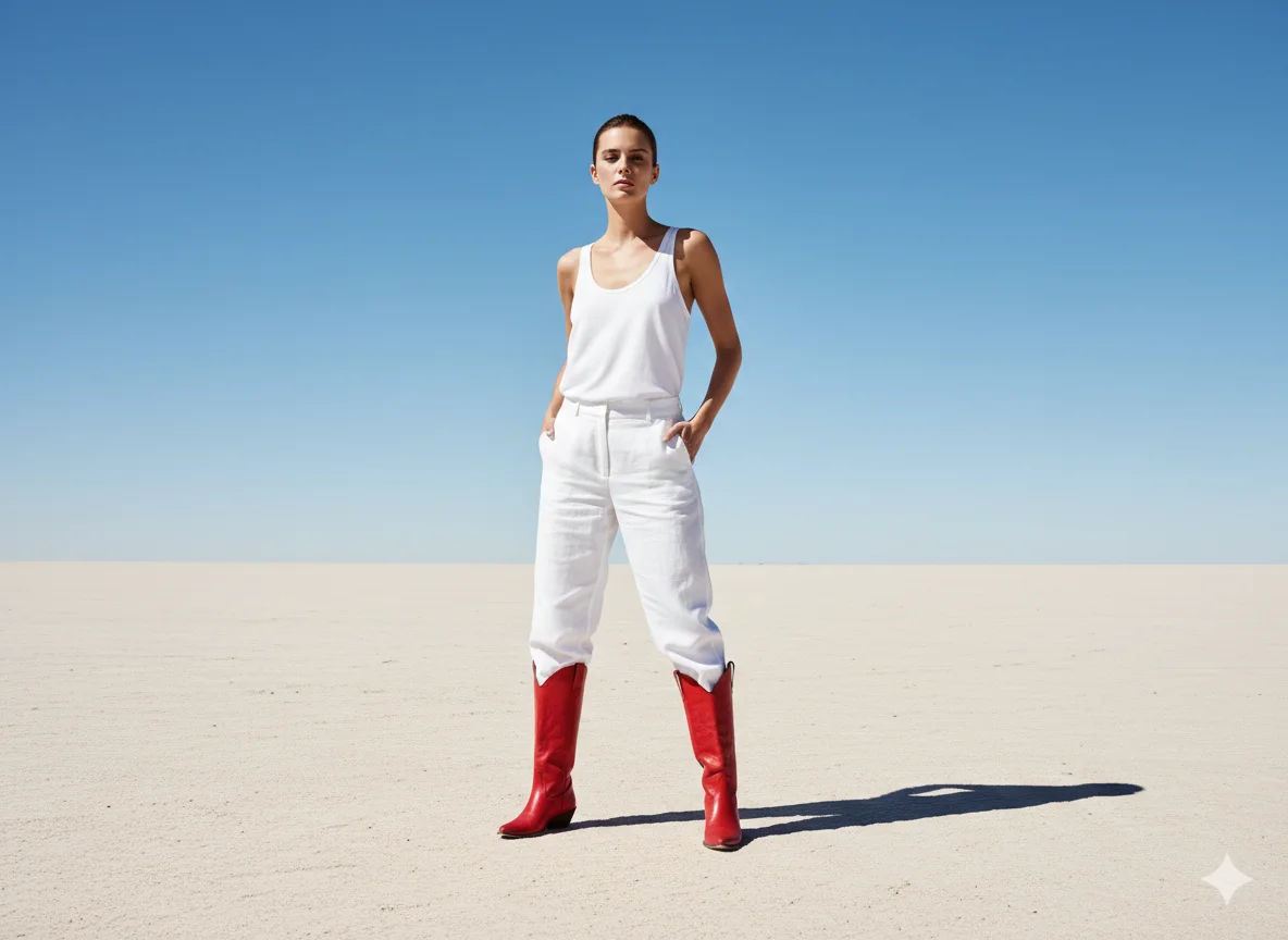Red Boots and an All White Outfit