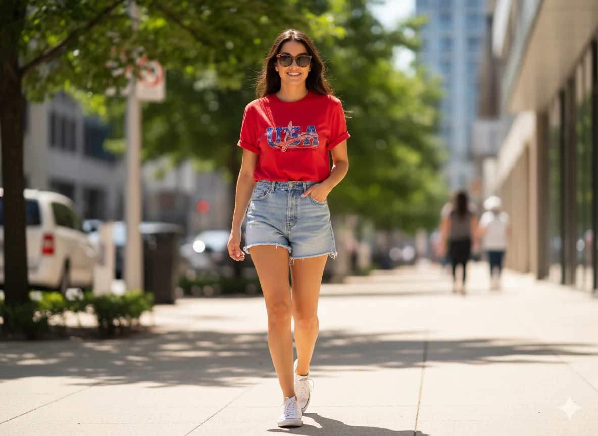 Red Graphic Tee with Light Denim