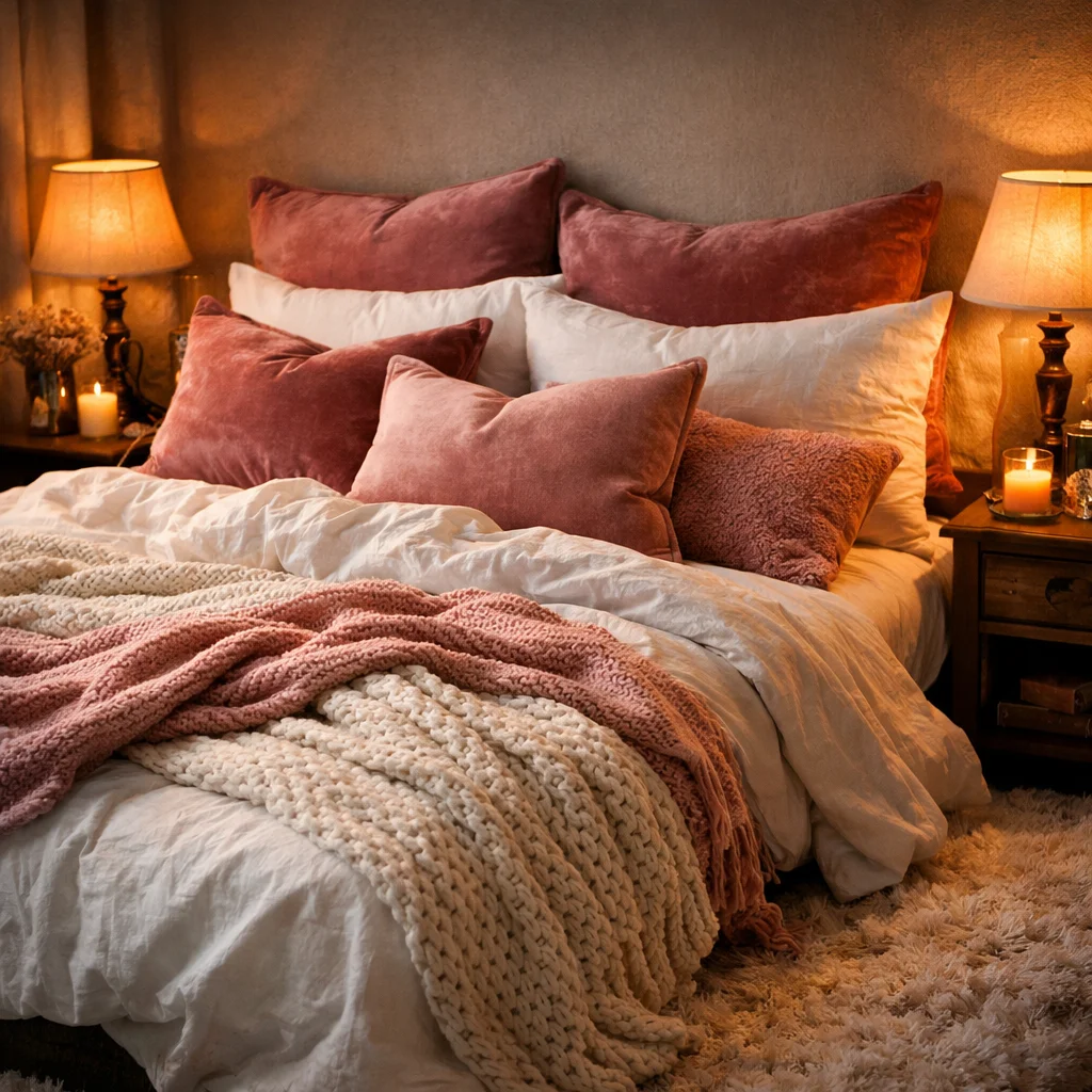Romantic White Pink Bedroom with Layered Textures