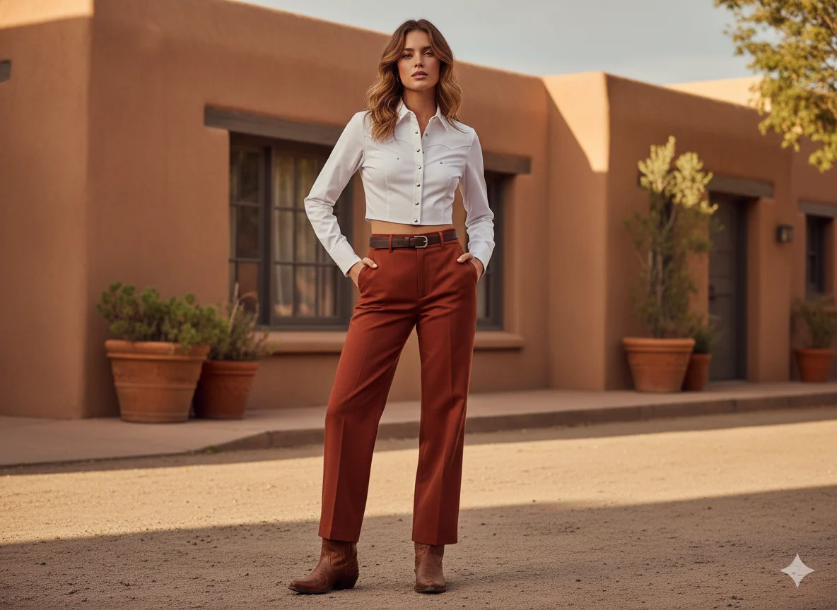 Rust Colored Wide Leg Trousers and a Cropped Western Shirt
