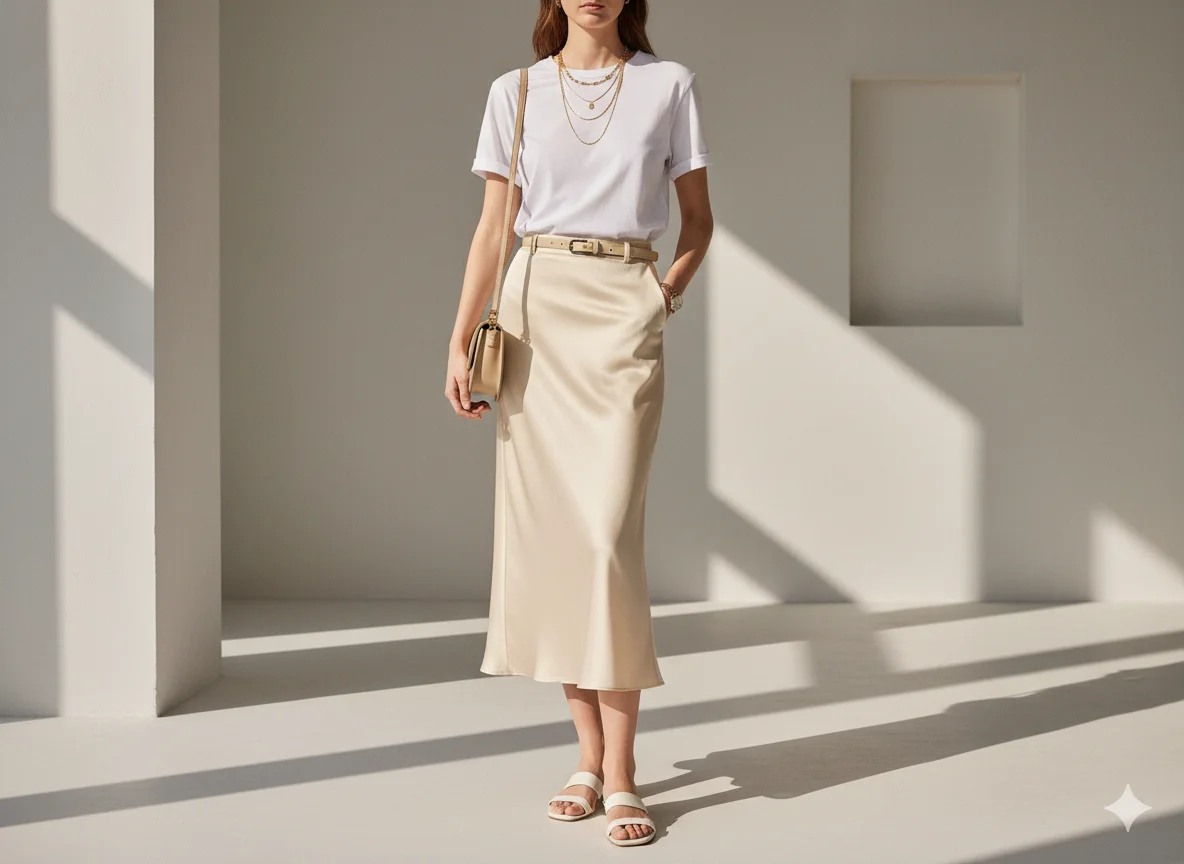 Satin Slip Skirt with Simple T Shirt