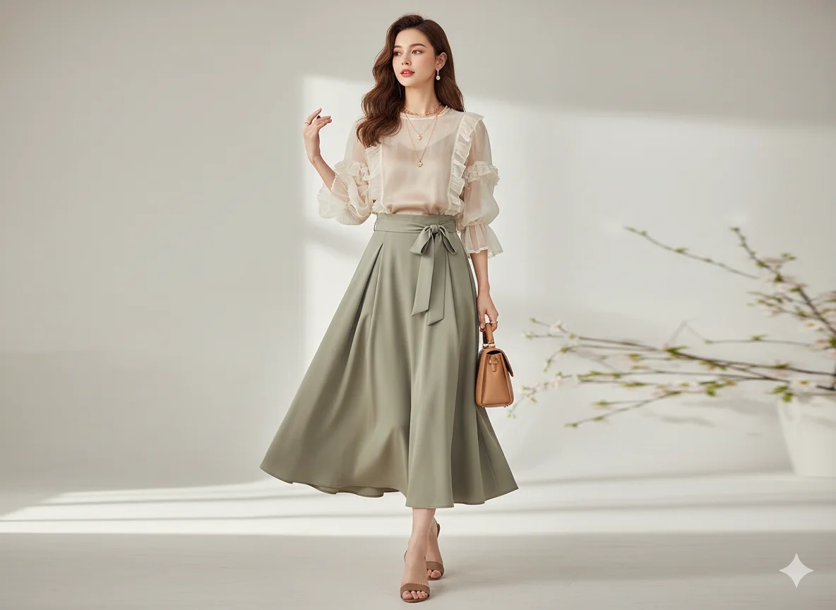 Sheer Blouse with High Waist Skirt